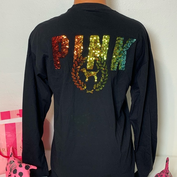 PINK VS BLING RAINBOW LOGO SEQUINED CAMPUS TEE - Picture 5 of 8